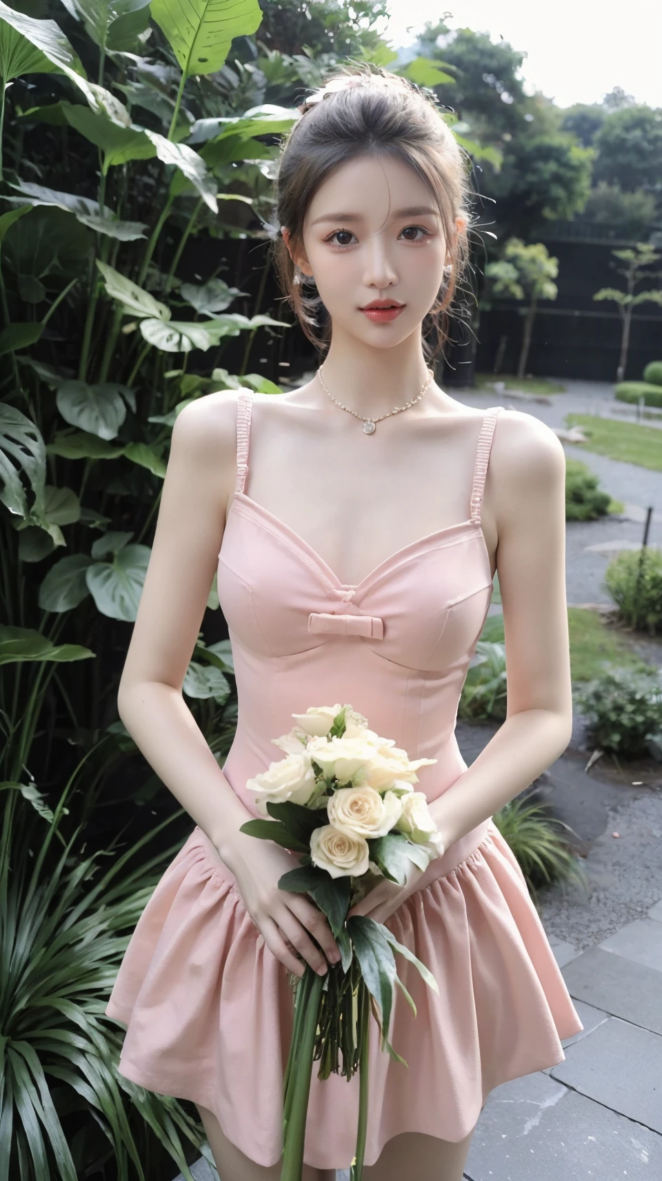 masterpiece,best quality,bright colors,solo,photo_,(1girl:1.3),(standing:1.3),(looking at viewer:1.4),Elegant,detailed gorgeous face,(cowboy shot:1.4),realistic,park background,nature,plant,,MIS,frilled dress,<lora:MIS47:0.75>