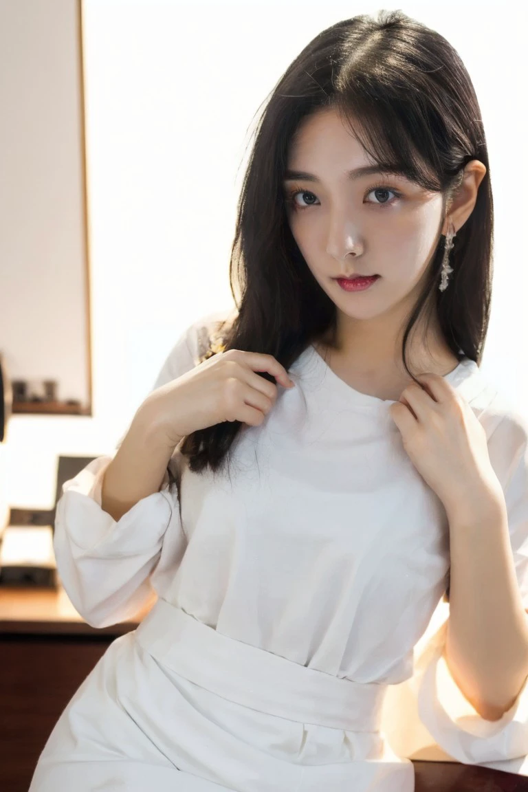 1girl, solo, medium breasts, looking at viewer, realistic, photorealistic, lips, black hair, jewelry, long hair, black eyes, earrnings,
hyper detailed, super sharp, crisp, smooth, smooth gradients, depth of field,
(in studio: 1.1), (white background: 1.1), (japanese clothes: 1.1),
<lora:angela_xiaoreba-000008:1>, <lora:breastsizeslideroffset:-0.35>, <lora:skin_slider_v2_1_FACE:0.5>, <lora:add_detail_v5:1>,