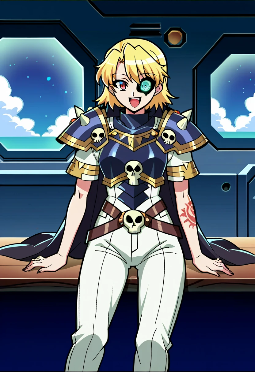 score_9, score_8_up, score_7_up, score_6_up, score_5_up, score_4_up, BREAK source_anime,1girl,solo,anime screencap,<lora:RyzzaPony:0.9>,bionic eye,short sleeves,sitting at table,in space station,happy,:d,armor,pants,shoulder armor,cape,in spaceship interior,skull,spikes,arm tattoo