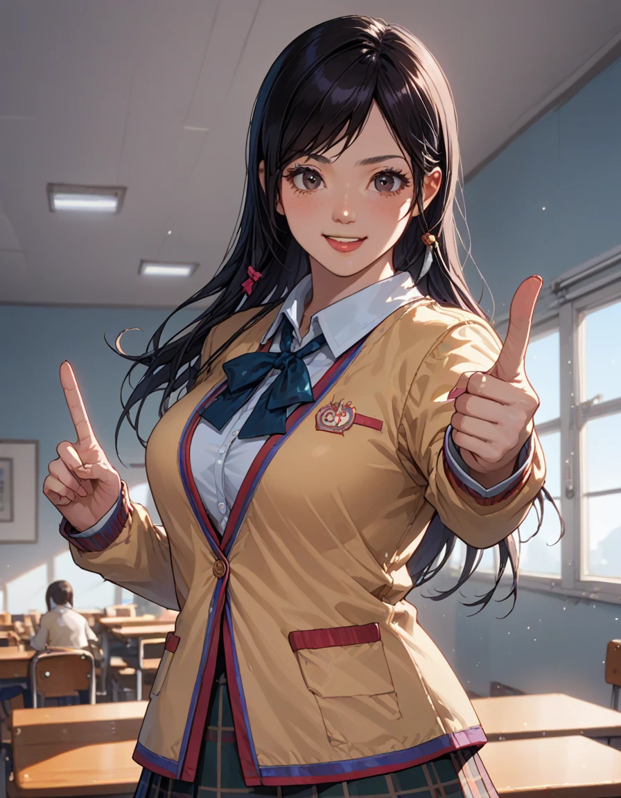 score_9, score_8_up, score_7_up, source_anime, 
in class room , day
1girl,kokoro, black hair, long hair,  large breast, kokoroschool, school uniform, plaid skirt<lora:kokorodoa:1> smile, one hand pointing, signaling direction