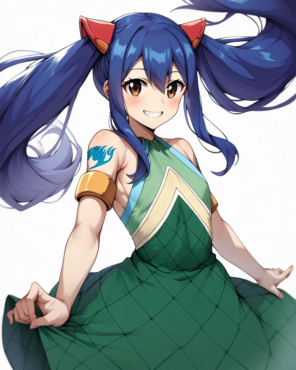 score_9, score_8_up, score_7_up, score_6_up, score_5_up, score_4_up, BREAK source_anime,
<lora:Wendy_Marvell_PONY:1>,Wendy Marvell, 1girl, solo, twintails, blue hair, long hair,hair between eyes,brown eyes,hair ornament,green dress,bare shoulders, armlet,tattoo,smile
