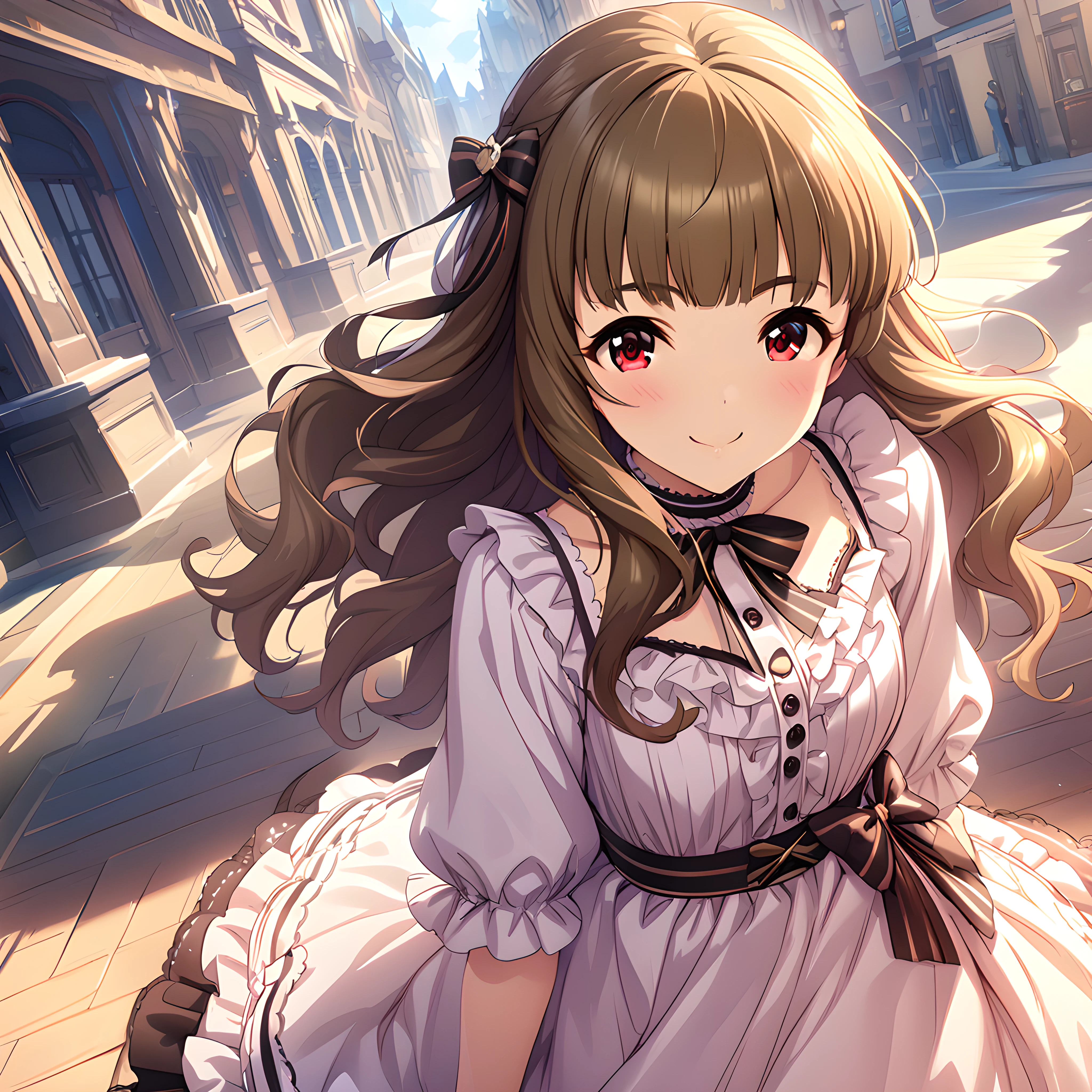 (masterpiece),(best quality),(ultra-detailed),(best illustration),(best shadow),(absurdres),(detailed background),(very aesthetic), nao kamiya, 1girl, red eyes, brown hair, dress, long hair, solo, frills, smile, bow, bangs<lora:Nao_Kamiya:1>