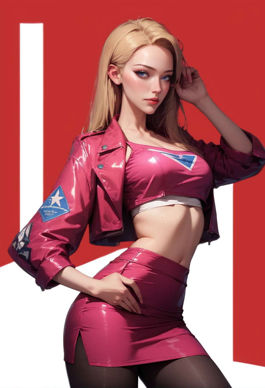 (score_9, score_8_up:1.1),score_7_up,1girl,solo,tall blonde,red background,cowboy shot,,ruanyi0495,crop top,cropped jacket,pencil skirt,pink skirt,black pantyhose,<lora:0495 air goddess_v1_pony:0.7>