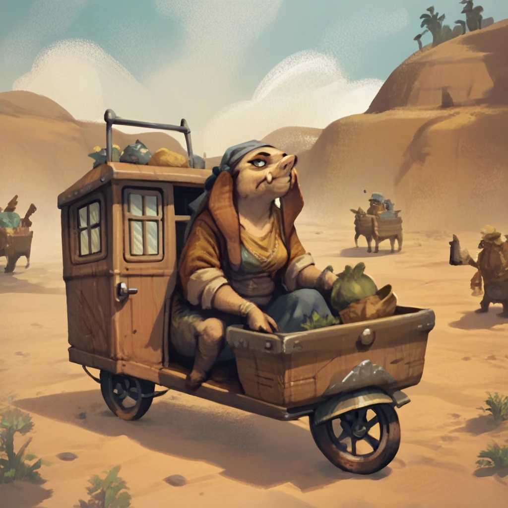 score_9, score_8_up, score_7_up, score_6_up, score_5_up, score_4_up, a female seeq trader riding a caravan, carriage full of wares, bright and sunny desert background