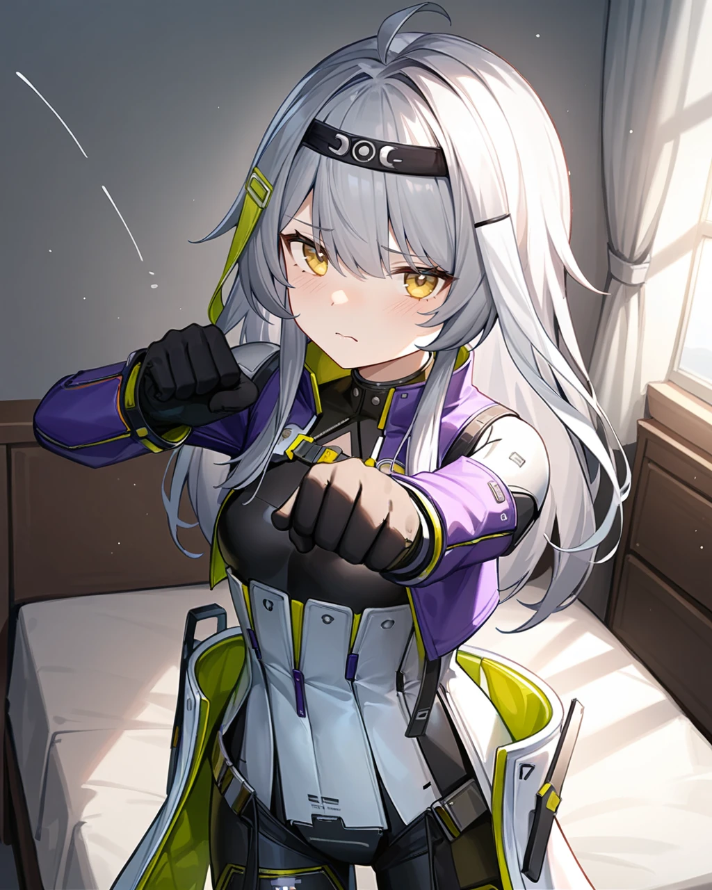 masterpiece,best quality,bedroom,looking at viewer,punching towards viewer,action line,
<lora:ankaxiya_xl:0.75>,ankaxiya,skin02,1girl,solo,shy,long hair,grey hair,gloves,bangs,bodysuit,yellow eyes,long sleeves,black gloves,small breasts,ahoge,hair ornament,hairband,