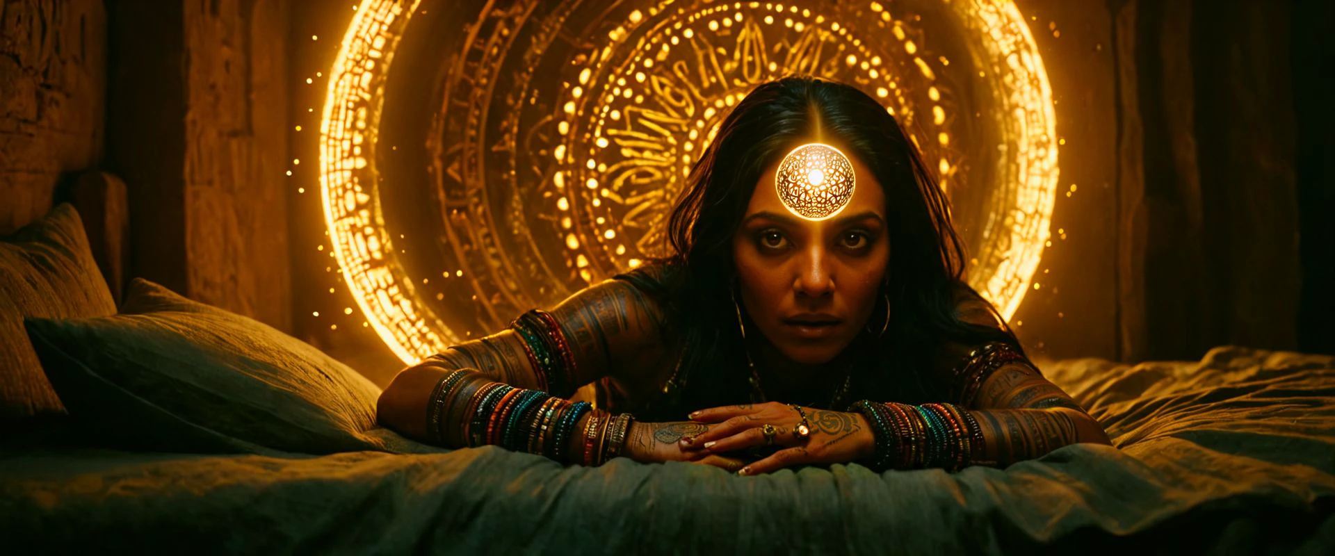 film grain, analog, A shamanic arabic woman with delicate tribal tattoos on face manipulates a (Glowing Orb Spectacle:1.2) in her bed during these hard times, intricate and magical laces ornementations in the air, detailed skin, rim lighting, multiples necklaces, bokeh, golden jewelry, , subtle make-up, movie still, (cinematic:1.3), high textures, (chromatic aberration:1.3), lens, fujifilmXT, magical african tribal floating around her on the ground, dark night litten by orb, fantasy intricate character, intricate ornemental portal to differents times, movie still, award movie picture, lot of messy arabic stuff all around, grain, grainy, shallow depth of field, magical particles, split lighting, dim lighting