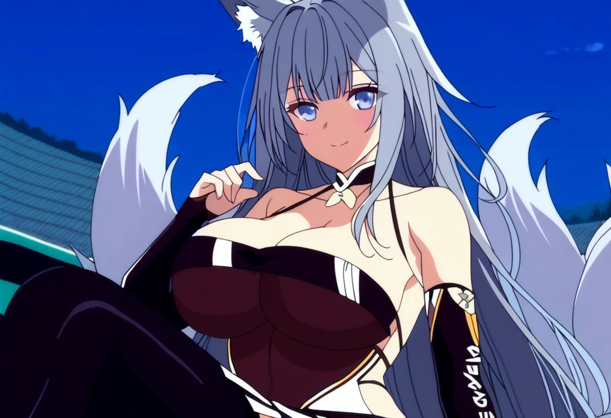 a beautiful detailed white kitsune girl, long white kitsune ears, multiple white kitsune tails, blue and yellow one piece slited swimsuit, 8k, anime style, yellow eyes, big breasts, extremely detailed eyes and face, ultra-detailed, 4k, high quality, vibrant colors, long white hair, mature woman, wide waist, wide hips