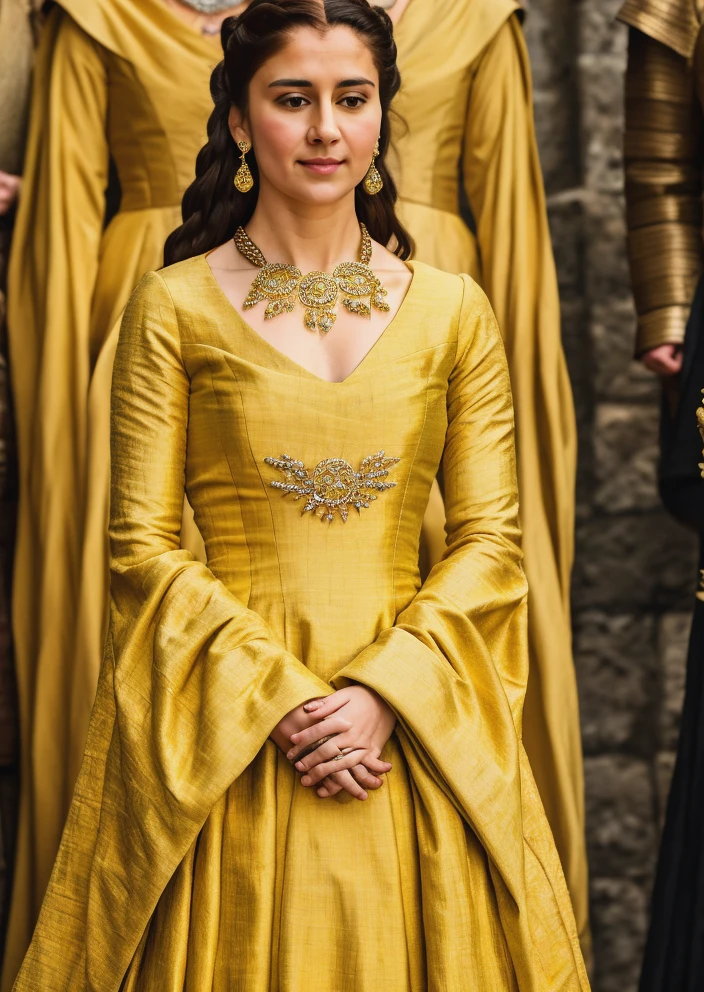 RAW photo, subject, 8k uhd, dslr, soft lighting, high quality, film grain, Fujifilm XT3, professional photo, (detailed skin:1.3), high quality, beautiful women, portrait, <lora:Game_of_Thrones_-_Fashion:0.75> , game of thrones fashion, game of thrones dress, jewelry, yellow dress, full body, wide sleeves, halterneck dress,