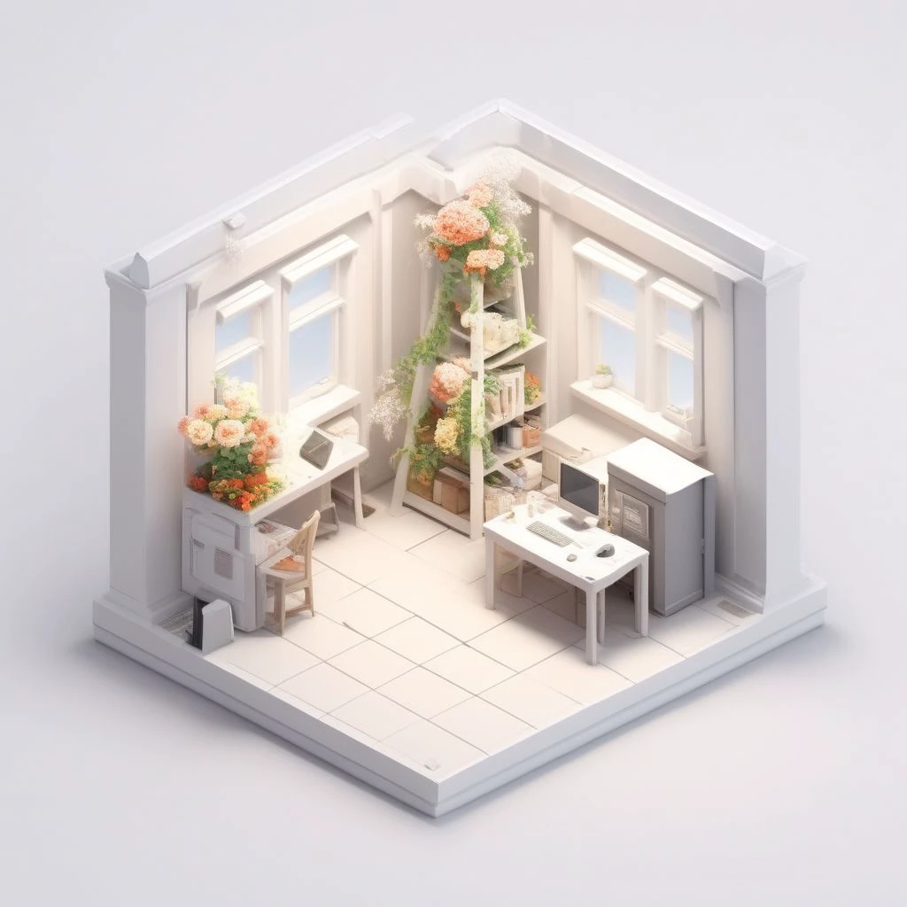 iszsks, no humans, table, from above, chair, plant, flower, door, white background, book, poke ball, trash can, computer, window, desk, no humans, isometric view, cutaway, diorama, isometric cutaway, cinematic lighting, masterpiece, best quality