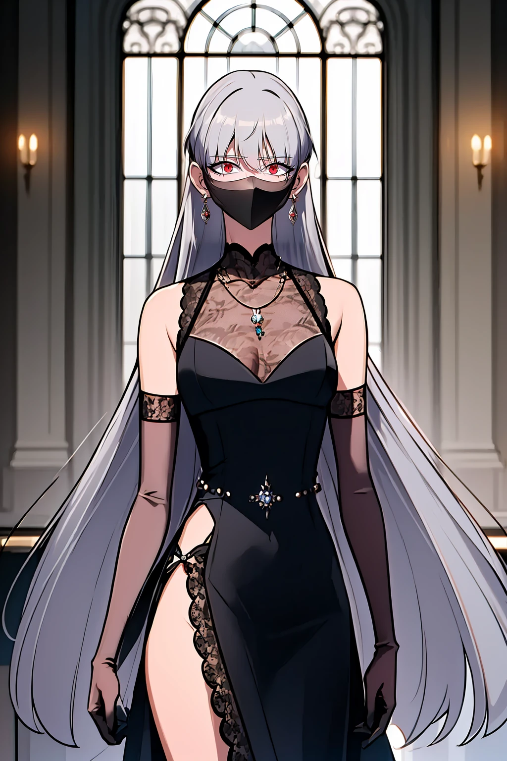 masterpiece, best quality, 1girl, long hair, dress, jewelry, gloves, necklace, solo, black dress, elbow gloves, red eyes, earrings, mask, breasts, grey hair, medium breasts, black gloves, sleeveless, lace gloves, sleeveless dress, indoors <lora:Solo_Max-Level_Newbe_Style:1>