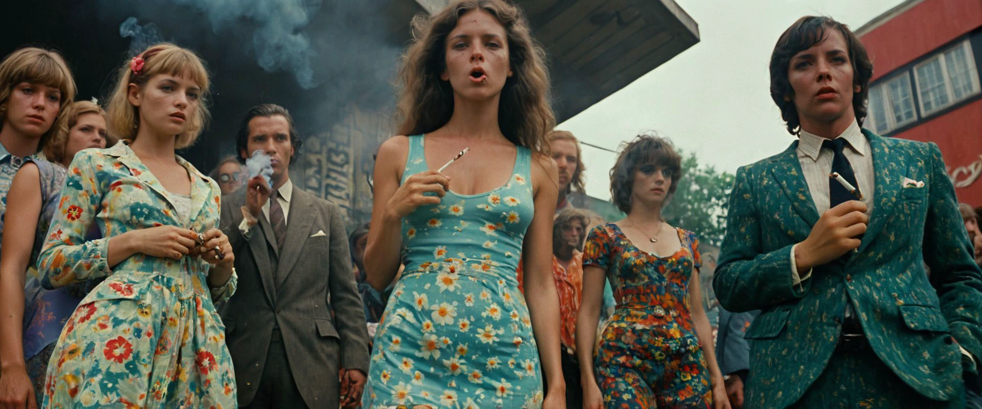 fantasy theme, raw, empathic still,Woodstock's people, sexy woman with floral dress, smoking , vintage suits, knitting shirt, sexy, psychedelic utopia, dynamic pose, (dutch angle style:1.4), flat breast, dirty clothes, wet, cinematic, raw, analog, film grain, cinemascope, skinny, loosy clothes and attitude, small chest, petite, sexy