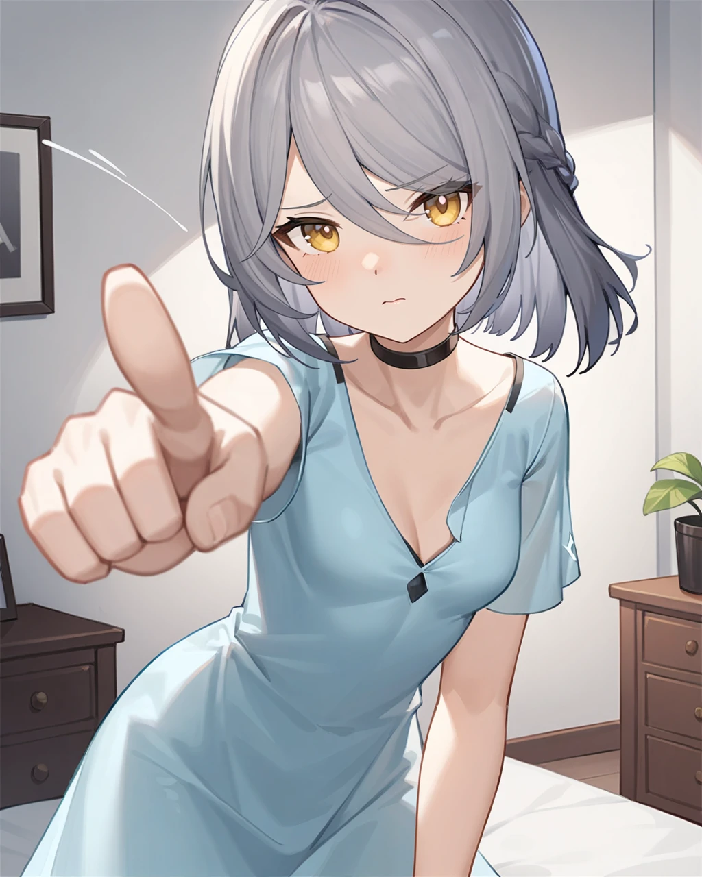 masterpiece,best quality,bedroom,looking at viewer,punching towards viewer,action line,
<lora:ankaxiya_xl:0.75>,ankaxiya,skin01,1girl,solo,shy,yellow eyes,black choker,grey hair,collarbone,braid,short sleeves,bangs,small breasts,dress,