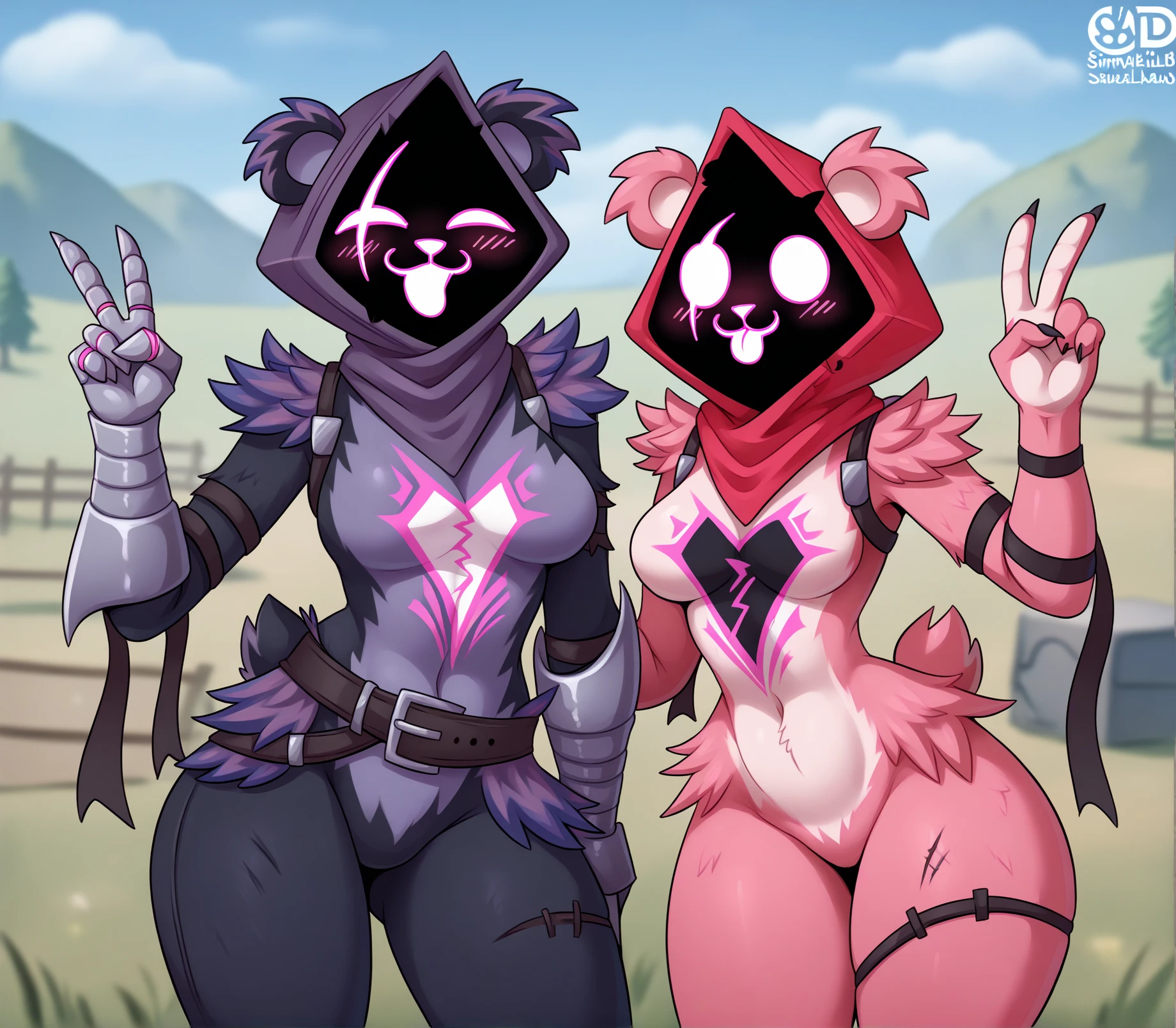 score_9, score_8_up, score_7_up, score_6_up, score_5_up, score_4_up, source_furry, [qb8|nviv], raven team leader, bear, mammal, anthro, armor, armwear, back bow, belt, biped, blush, bow accessory, breasts, bridal gauntlets, clothing, crossbar emanata, duo, emanata, eye scar, facial scar, female, fur, gauntlets, gesture, gloves, hand gesture, handwear, hood, looking at viewer, scar, schynbalds, shadow face, skinsuit, square crossover, standing, three-quarter view, tight clothing, tongue, tongue out, v sign, vambrace, wide hips, epic games, fortnite, BREAK pink body, pink fur, cuddly \(fortnite\), happy, excited, detailed background, outside, field, battlefield, from front, front view
<lora:raven-team-leader_pdxl:1>