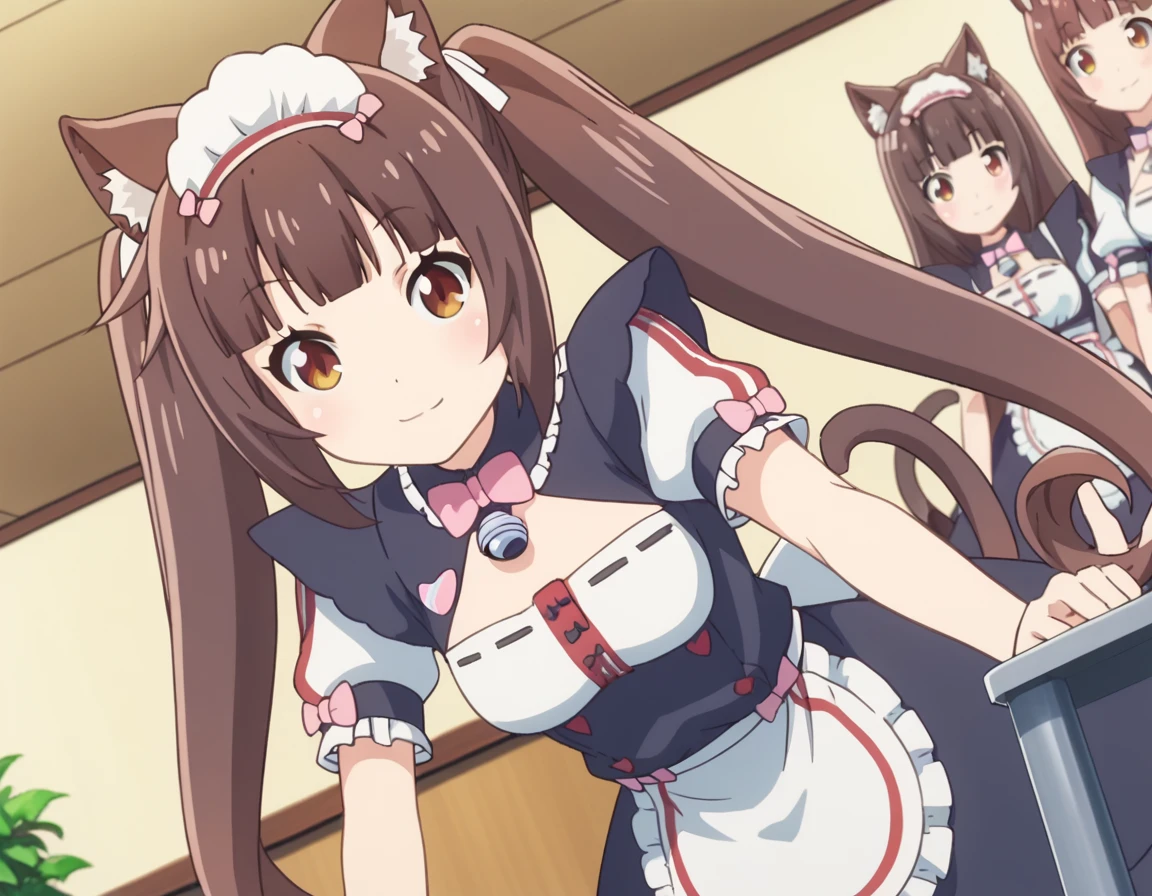 score_9, score_8_up, score_7_up, source_anime,
nekoparachocola, <lora:nekopara-chocola-s1-ponyxl-lora-nochekaiser:1>,
chocola, long hair, brown hair, animal ears, twintails, brown eyes, very long hair, cat ears, blunt bangs, animal ear fluff,
dress, bow, tail, short sleeves, frills, bowtie, apron, cat tail, maid, maid headdress, bell, cat girl, waist apron, jingle bell, neck bell, waitress,
indoors, cafe, smile, bent over,
looking at viewer, solo, cowboy shot, dutch angle,