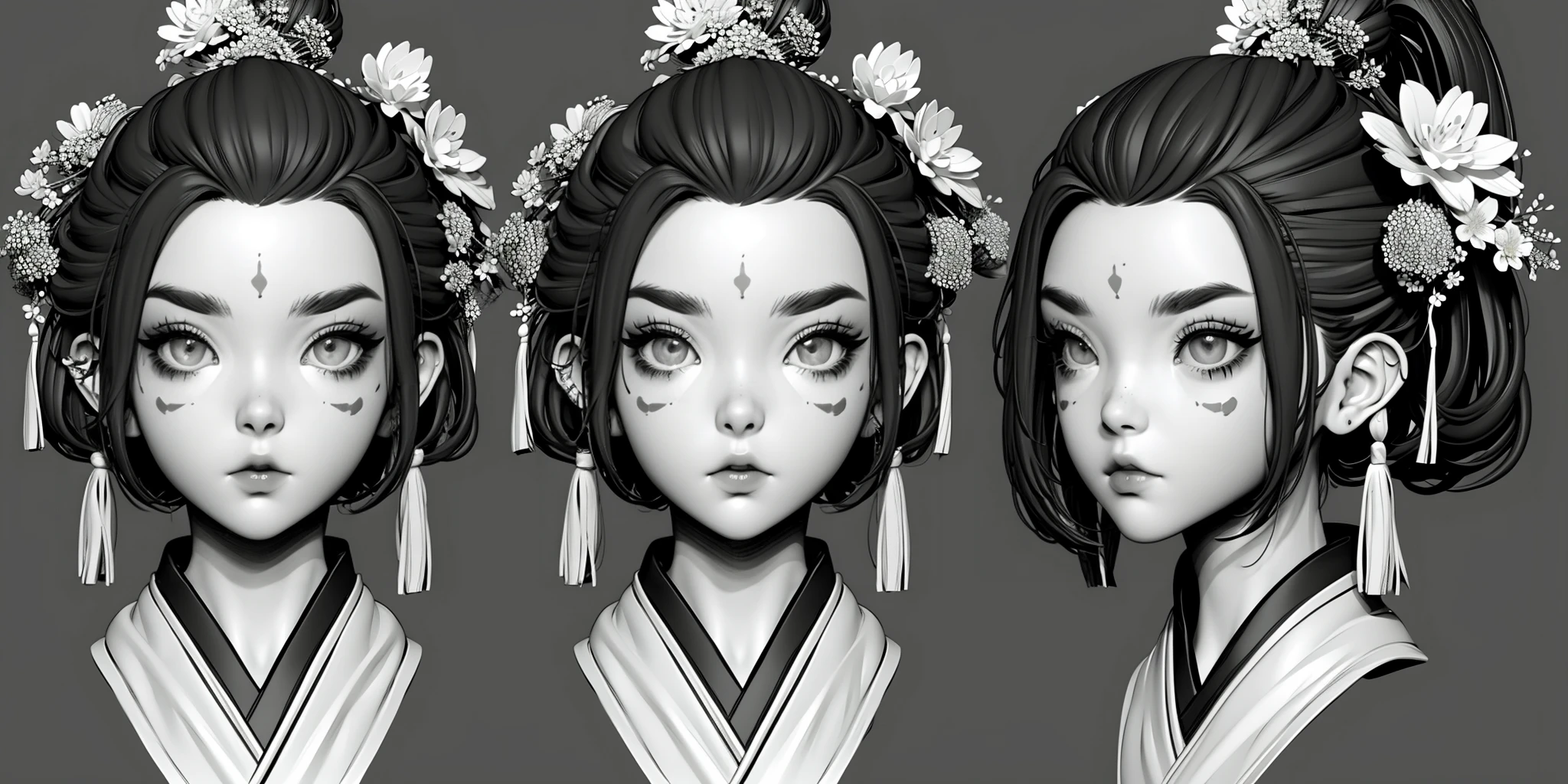 monochrome, HEZI, Three views, modeling, Hair, girl, avatar, 1girl, greyscale, hair ornament, multiple views, earrings, looking at viewer, jewelry, forehead mark, grey background, realistic, closed mouth, portrait, lips, hair stick, simple background, parted lips, hair flower, facial mark, nose, eyelashes, flower, hair bun, single hair bun, expressionless, cropped shoulders, tassel, forehead, eyeliner, variations, short hair, makeup, kanzashi, bangs, hair pulled back, piercing<lora:建模头åä¸è§å¾-000008:0.8>,