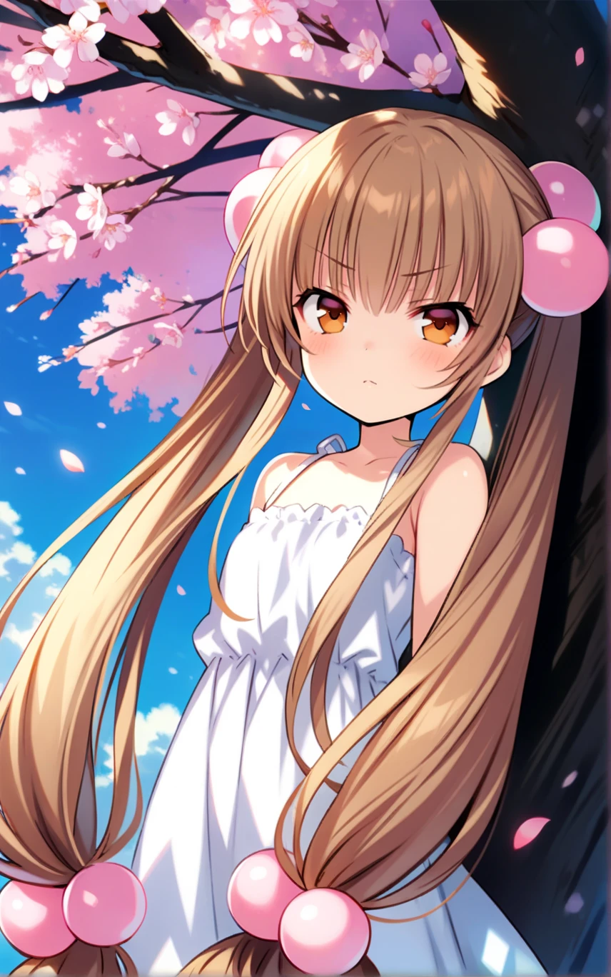 1girl, kokonoerin, brown eyes, hands on tree, white sundress, serious, brown eyes, cowboy shot,cherry blossoms, falling petals, pink petals, blue sky, looking up,dynamic lighting, 
BREK masterpiece, best quality, very aesthetic, by tsunako, 
<lora:KokonoeRin_XL:1>