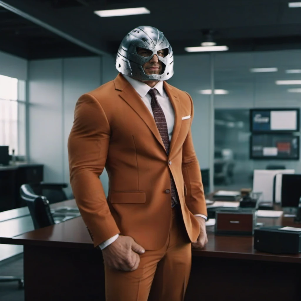 cinematic photo a muscular man with a helmet and suit and tie in an office<lora:Juggernaut1024:0.8> . 35mm photograph, film, bokeh, professional, 4k, highly detailed