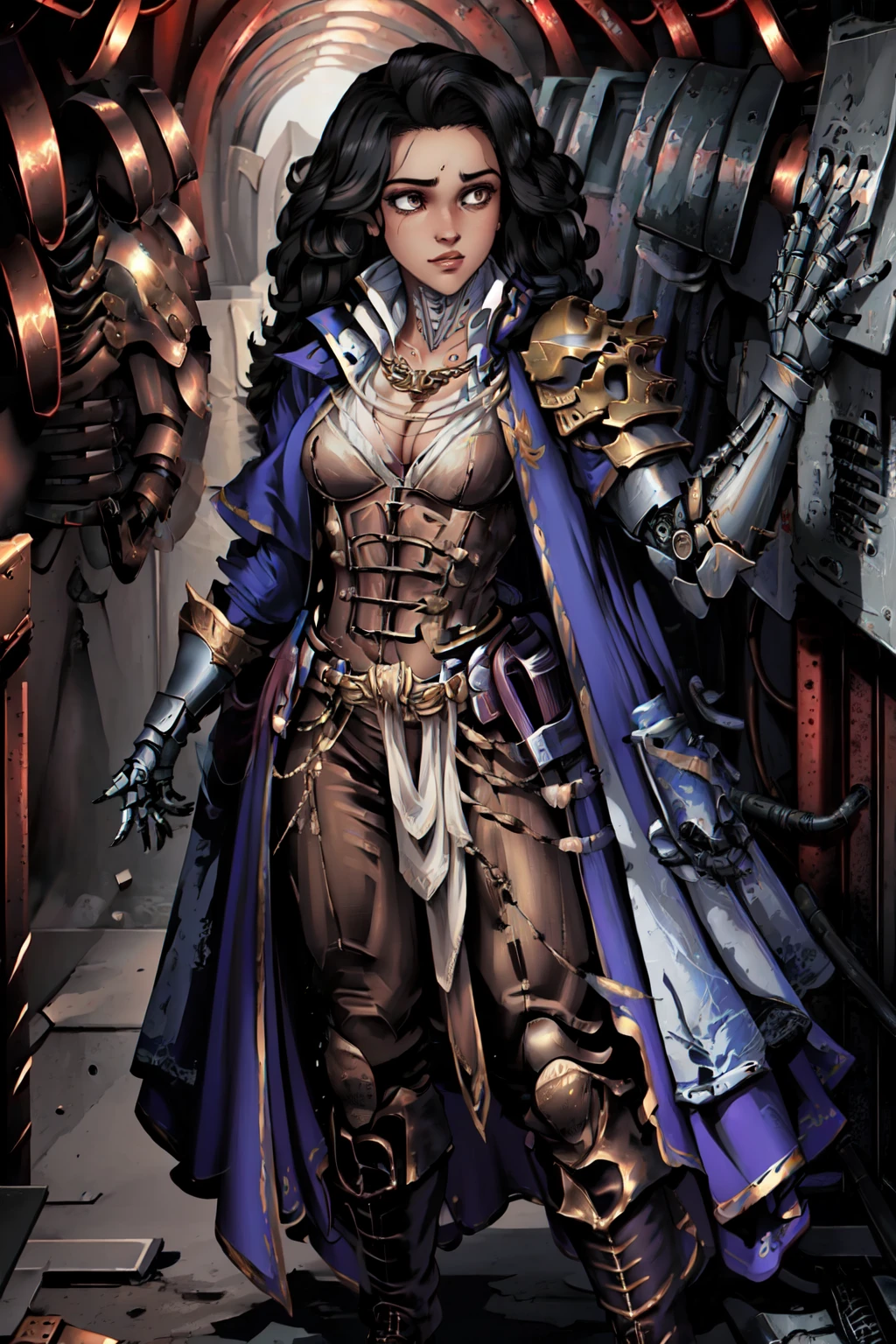 masterpiece,best quality,1girl,jaert, <lora:JaeRT15:0.85>,((solo)),jacket,armor,pants,cleavage,shirt,single mechanical arm,medium breasts,standing,boots,full body,serious expression,indoors,in dark tunnel,underground, fcDetailPortrait