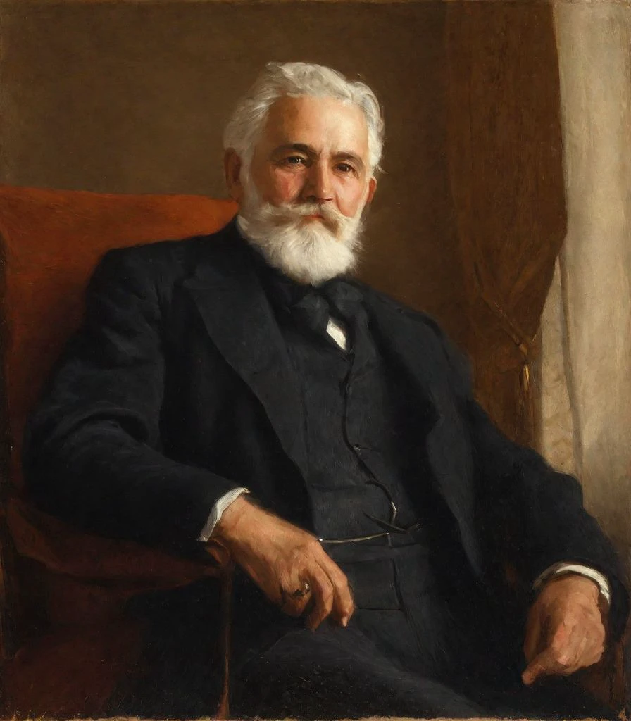 a painting of an old man sitting by AZrn, upper body, facial hair, beard, white hair, old man, male focus, solo, formal, mustache, suit, looking at viewer, manly, upper body, indoors, curtains, chair