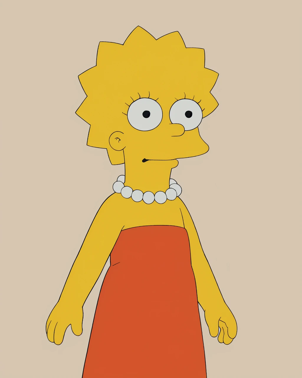 score_9, score_8_up, score_7_up, zPDXL, four fingers, circle eyes, overbite, dot pupil, source_cartoon, toony, theSimpsonsstyle, yellow skin, solo, cowboy shot, 1girl, Lisa Simpson, , orange dress, pearl necklace, starfish hair, beige background<lora:The_Simpsons_style:1>