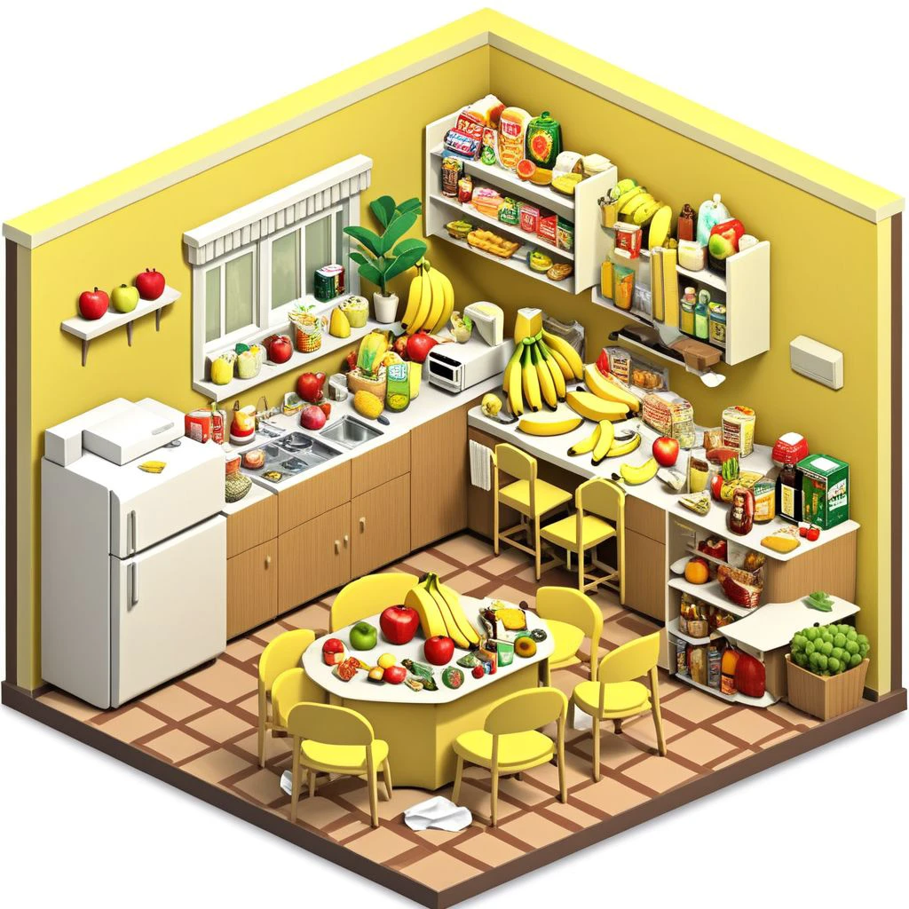 iszsks, food, no humans, fruit, chair, trash can, bottle, banana, refrigerator, kitchen, indoors, table, bowl, plant, computer, desk, tissue box, cup, shelf, apple, bucket, no humans, isometric view, cutaway, diorama, isometric cutaway, masterpiece, best quality