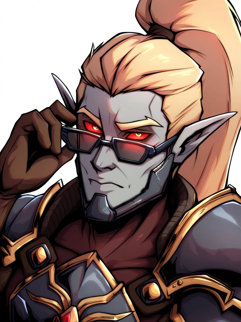 <lora:Zulidian-PonyXL-1024px-v1.1:0.9>
score_5_up, score_6_up, score_7_up,
1boy, solo, adjusting glasses, armor, blonde hair, brown gloves, colored sclera, colored skin, gloves, glowing, glowing eyes, grey skin, long eyebrows, long hair, looking at viewer, male focus, pauldrons, pointy ears, ponytail, red eyes, shoulder armor, simple background, solo, upper body, white background