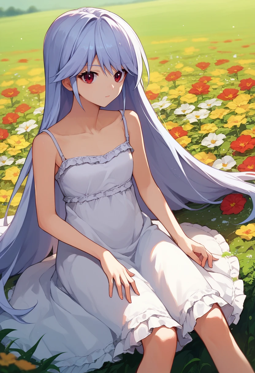 score_9, score_8_up, score_7_up, 1girl, Kazuki, silver hair, long hair, red eyes, white sundress, flower field, sitting, <lora:Kazuki Dora V2-000009:1>