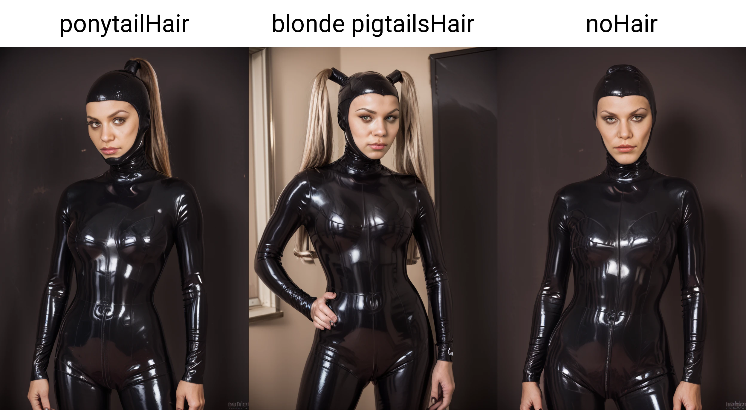 score_9, score_8_up, score_7_up, score_6_up, score_5_up, score_4_up,, BREAK
ponytailHair, 1girl, solo, openFacedHood, ,,black latex catsuit, simple background <lora:openFacedHoodPony:1>, portrait