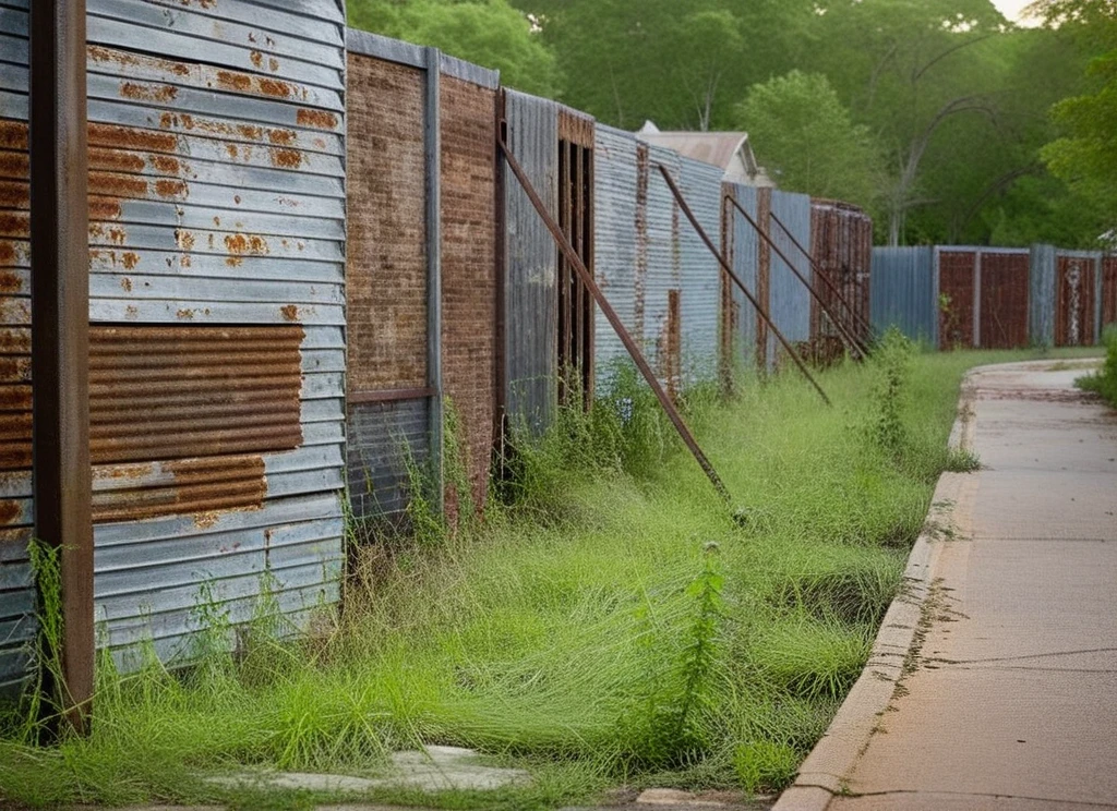 cinematic movie still of TWDAlexandriaWall, woodland, rusted metal, angled supports, old southern homes, dirty street, hyperdetailed, shallow depth of field, f1.4, <lora:TWDAlexandriaWall:1>