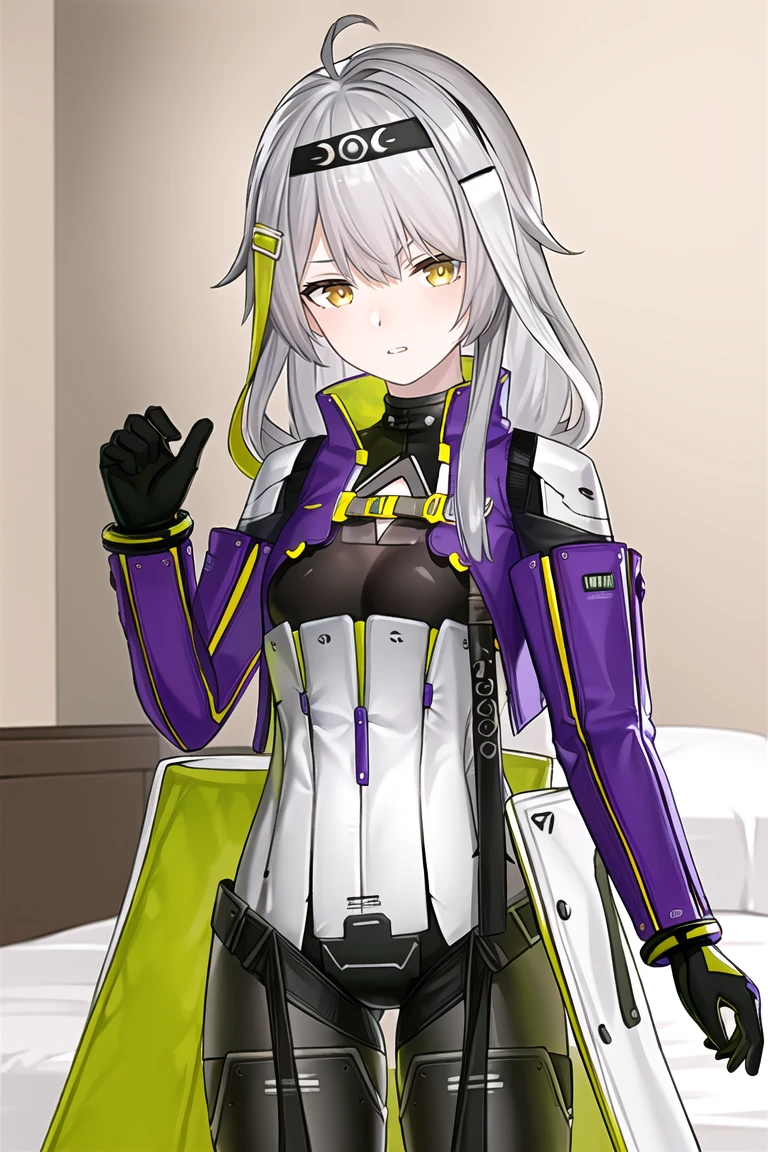 masterpiece,best quality,bedroom,looking at viewer,punching towards viewer,action line,
<lora:ankaxiya:0.75>,ankaxiya,skin02,1girl,solo,shy,long hair,grey hair,gloves,bangs,bodysuit,yellow eyes,long sleeves,black gloves,small breasts,ahoge,hair ornament,hairband,