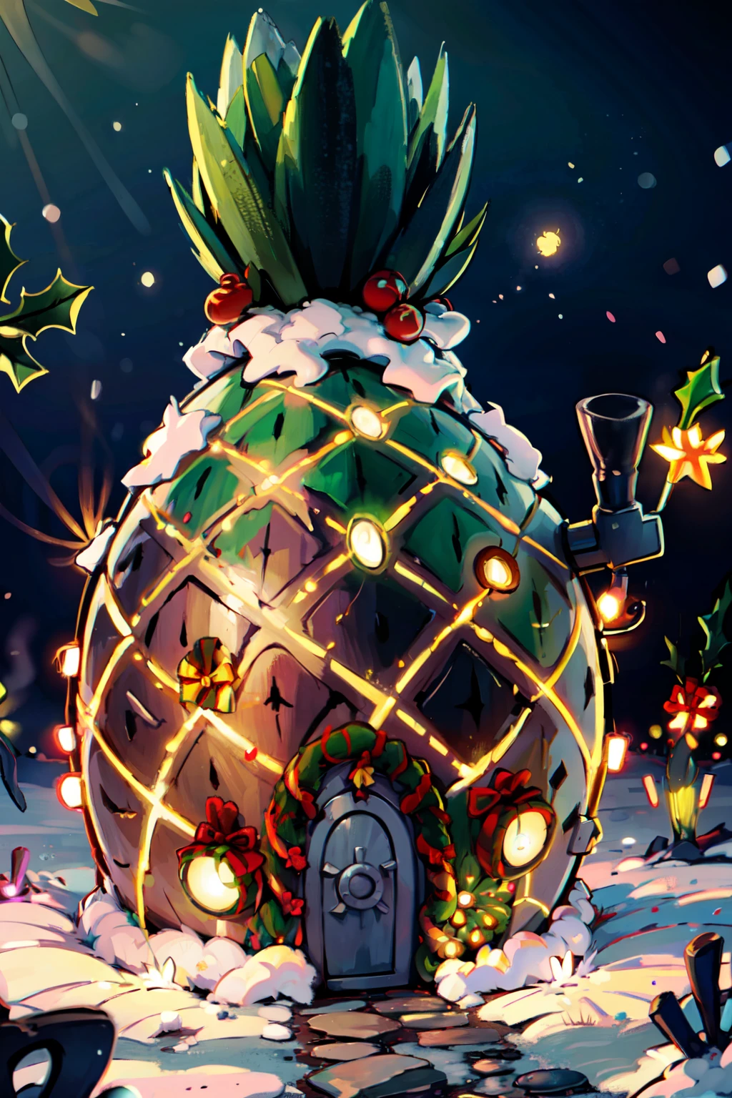 ((masterpiece,best quality)), absurdres, <lora:PinappleUnderTheSea:0.7>,    PinappleUnderTheSea, no humans, night, christmas, christmas lights, snow, glow,