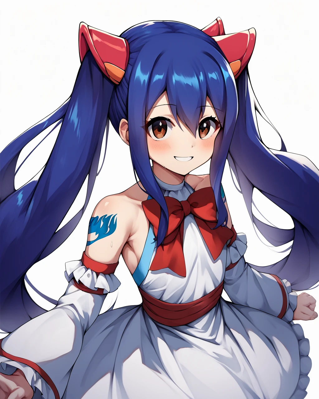 score_9, score_8_up, score_7_up, score_6_up, score_5_up, score_4_up, BREAK source_anime,
<lora:Wendy_Marvell_PONY:1>,Wendy Marvell, 1girl, solo, blue hair, long hair,twintails,hair between eyes,brown eyes,hair ornament,detached sleeves, red bowtie, white thighhighs, frills, white dress, bare shoulders, long sleeves,tattoo,smile