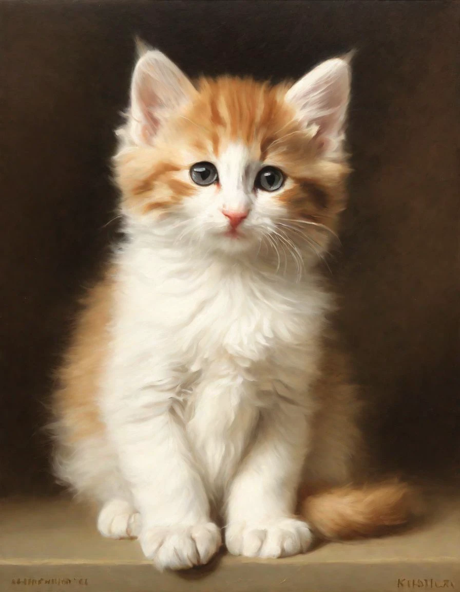 an oil painting of a cute cat, kitten, fluffy