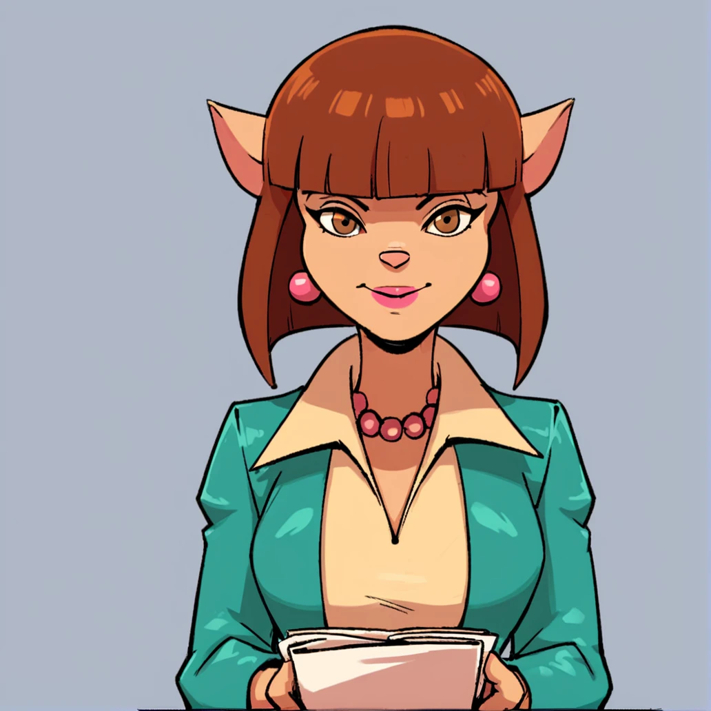 score_9, score_8_up, score_7_up, score_6_up, score_5_up, score_4_up, (Source furry), (rating safe), <lora:ann_gora:1>, ann gora, 1girl, solo, breasts, looking at viewer, smile, bangs, shirt, holding, jewelry, jacket, upper body, earrings, pointy ears, blunt bangs, necklace, lips, makeup, bob cut, green jacket, pearl necklace, catgirl, furry female, animal nose, cat ears, short hair, brown hair, bluntbangs, brown eyes, pink lipstick