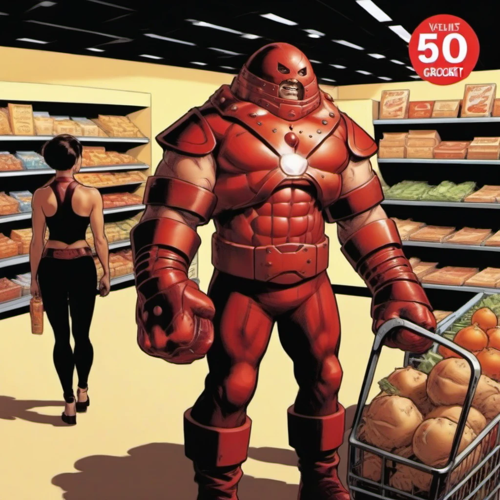 comic a man with a helmet and armor is grocery shopping <lora:Juggernaut1024:0.8> . graphic illustration, comic art, graphic novel art, vibrant, highly detailed