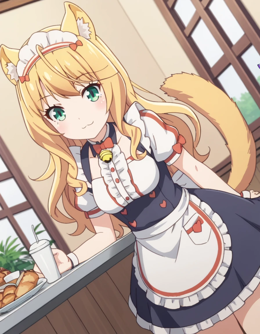 score_9, score_8_up, score_7_up, source_anime,
nekoparamaple, <lora:nekopara-maple-s1-ponyxl-lora-nochekaiser:1>,
maple, long hair, blonde hair, animal ears, green eyes, ahoge, cat ears, animal ear fluff, cat girl,
dress, bow, tail, short sleeves, frills, bowtie, apron, cat tail, maid, maid headdress, bell, cat girl, waist apron, jingle bell, neck bell, waitress,
indoors, cafe, bent over, smile,
looking at viewer, solo, cowboy shot, dutch angle,