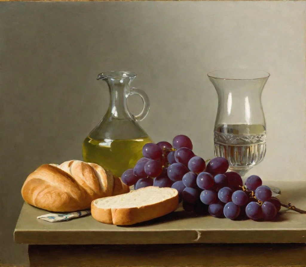 a painting of a still life, no humans, food, grape, indoors, glass, flower, bread