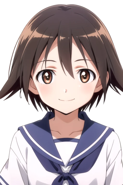 solo, 1girl, looking at viewer, 2D, anime, anime coloring, upper body, (simple background, solid white background:1.3), <lora:yoshika-strikewitches:0.8>, yoshika miyafuji, school uniform, smile