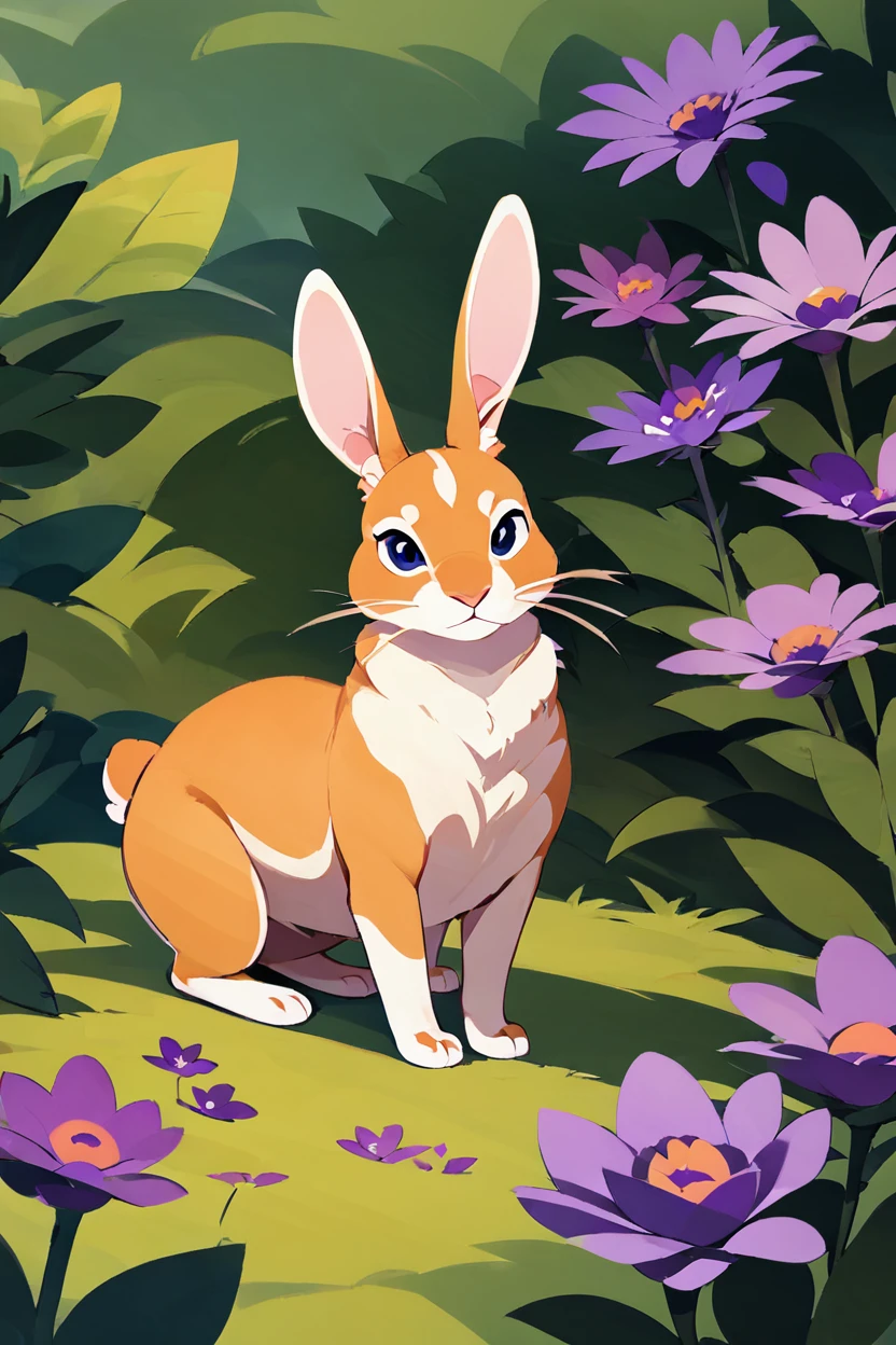 score_9, score_8_up, score_8,  solo, looking at viewer, full body, flower, outdoors, no humans, animal, rabbit, grass, plant, purple flower, animal focus,  <lora:FlatAnimeP1:1.2>,