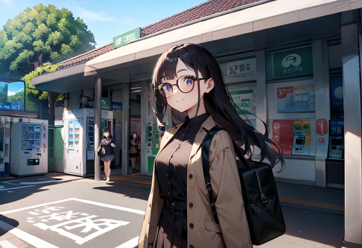 masterpiece, best quality, very aesthetic, absurdres,
1girl, solo, glasses, black hair, long hair, jacket, skirt, black bag, smile, looking at viewer, solo focus,
uguisudani, storefront, vending machine, scenery, outdoors, tree, sky, blue sky, day, building, sign, shadow, real world location
<lora:uguisudani_minami_SDXL_V2:1>
