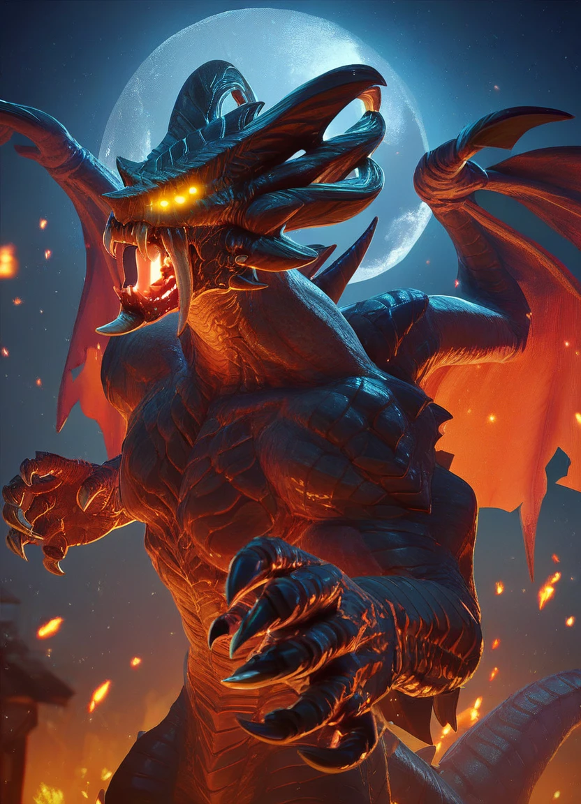dragon_god demons_souls dragon anthro teeth wings tail glowing eyes, open mouth fangs, claws, solo muscular male, score_9, score_8_up, score_7_up, score_6_up, score_5_up, score_4_up, embers starry_sky night moon, <lora:Dragon_God__Demons_Souls__PonyXL:0.9>