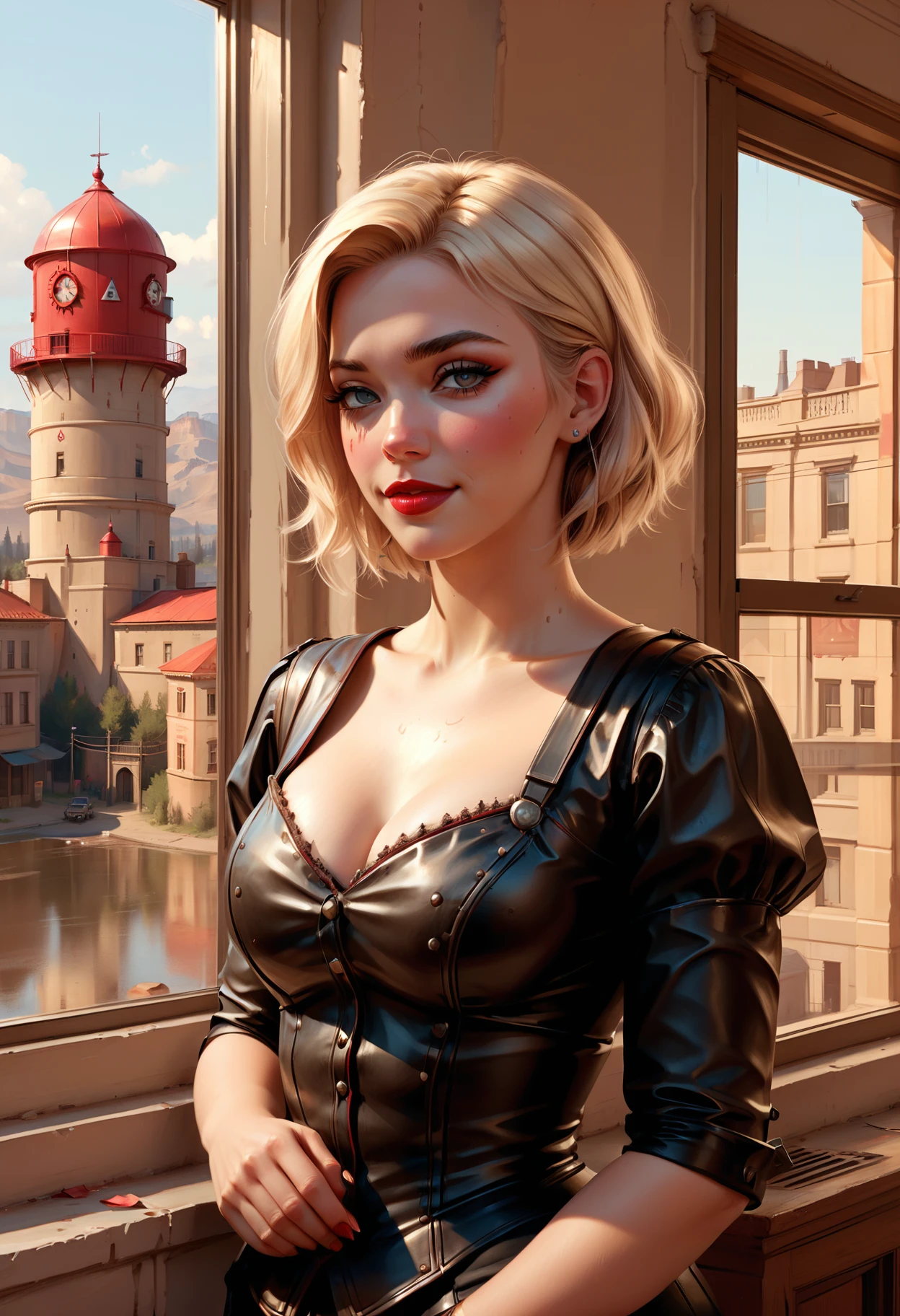light academia aesthetic trending on polycount, facial expression, loving, smile, upturned lips, style of tom bagshaw, red dead redemption art style, in the midst of a beige background, street scene with water tower, reflecting the ambient light. profjen is positioned in front of a large window, airy, scholarly, classic literature, soft pastels <lora:Prof_Jen_SDXL-000006:0.6>