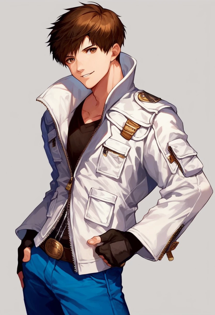 score_9, score_8_up, score_7_up, masterpiece, best quality, amazing quality, best aesthetic, ,absurdres, cute, kyo_xiv, brown hair, brown eyes, white jacket, black shirt, blue pants, belt, fingerles gloves, brown shoes, chain, zipper, 1boy<lora:EMS-368543-EMS:1.000000>