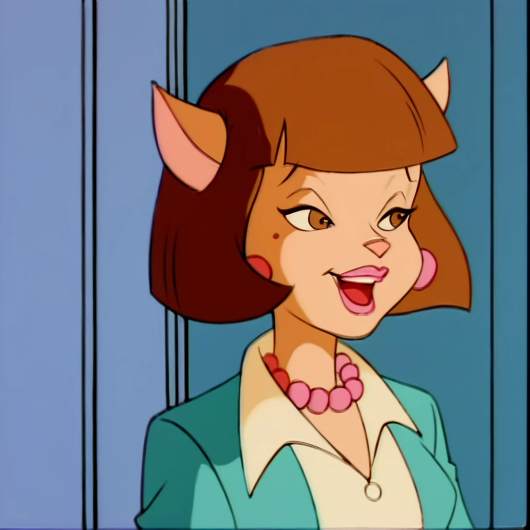 score_9, score_8_up, score_7_up, score_6_up, score_5_up, score_4_up, (Source furry), (rating safe), <lora:ann_gora:1>, ann gora, 1girl, solo, smile, open mouth, bangs, shirt, long sleeves, holding, animal ears, jewelry, jacket, white shirt, upper body, earrings, open clothes, teeth, blunt bangs, necklace, open jacket, looking to the side, makeup, half-closed eyes, bob cut, lipstick, blue jacket, furry, pearl necklace, buck teeth, catgirl, furry female, animal nose, cat ears, short hair, brown hair, bluntbangs, brown eyes, pink lipstick