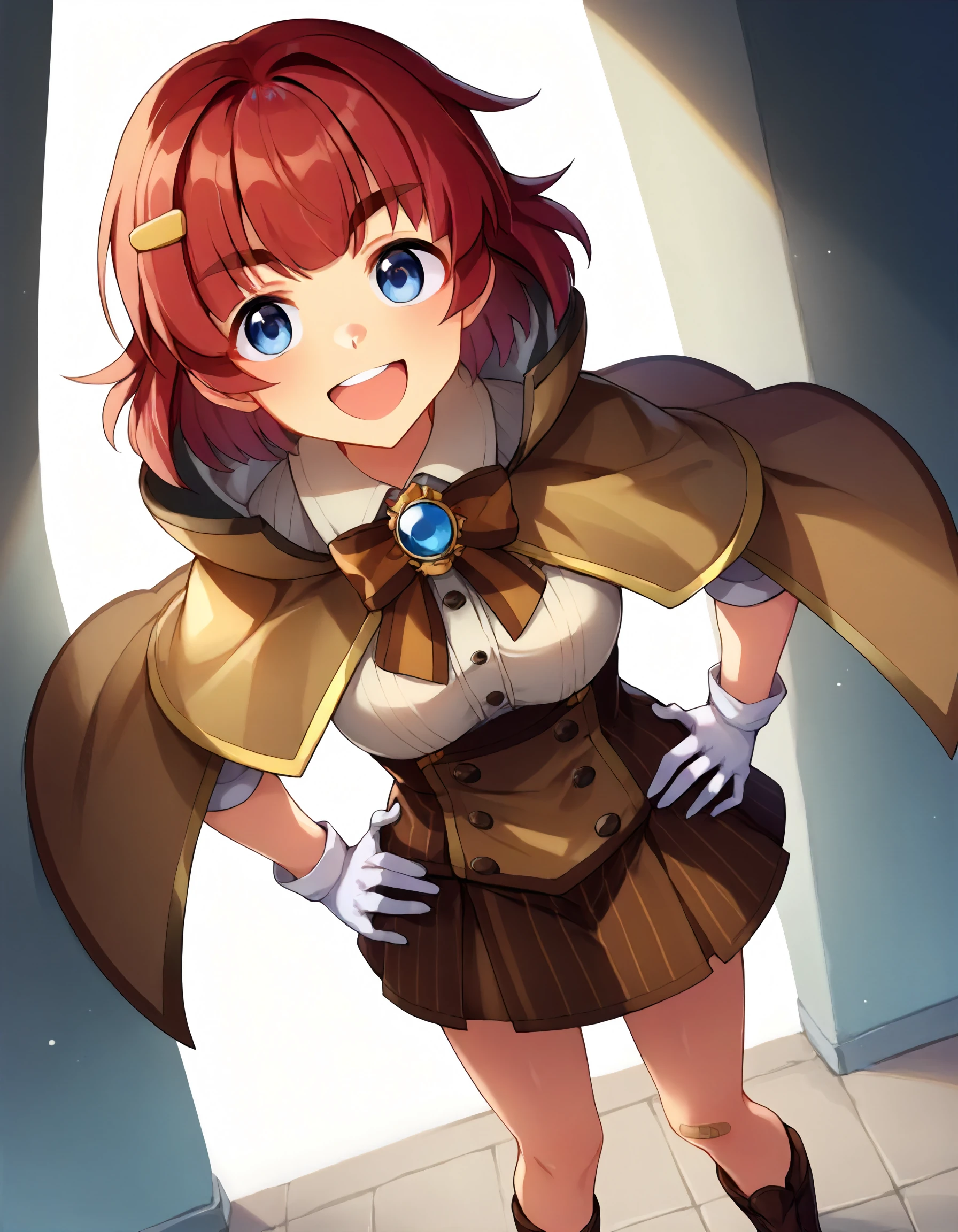 score_9, score_8_up,score_7_up,1girl,looking at viewer,standing,smile,open mouth,upper teeth only,
<lora:anzaimiyako_ponyXLV6:0.7>,cgam,red hair,short hair,thick eyebrows,blue eyes,hairclip,hands on own hips,front view,
(deerstalker),brown cape,
brown skirt,brown footwear,bandaid on knee,white gloves