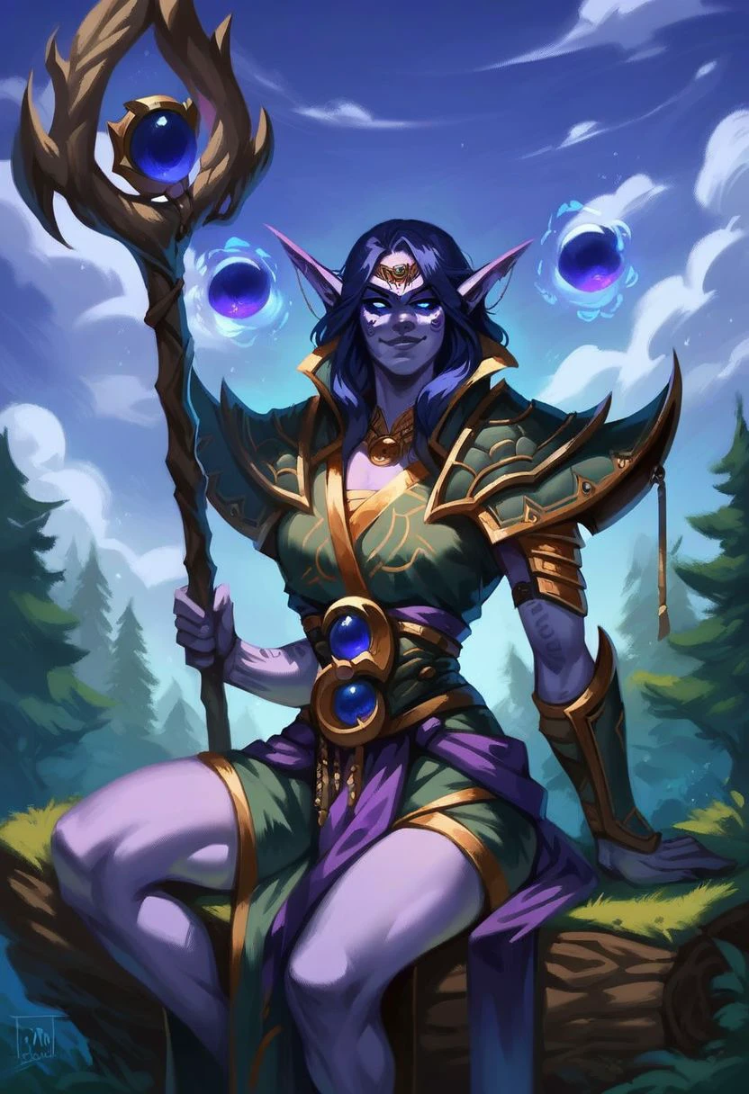 score_9, score_8_up, score_7_up, xalatath, solo, female, pointy ears, purple skin, blue eyes, black sclera, glowing eyes, smug, head circlet, robes, shoulderpads, orbs, magic staff, day, forest, sitting on trunk, clouds,