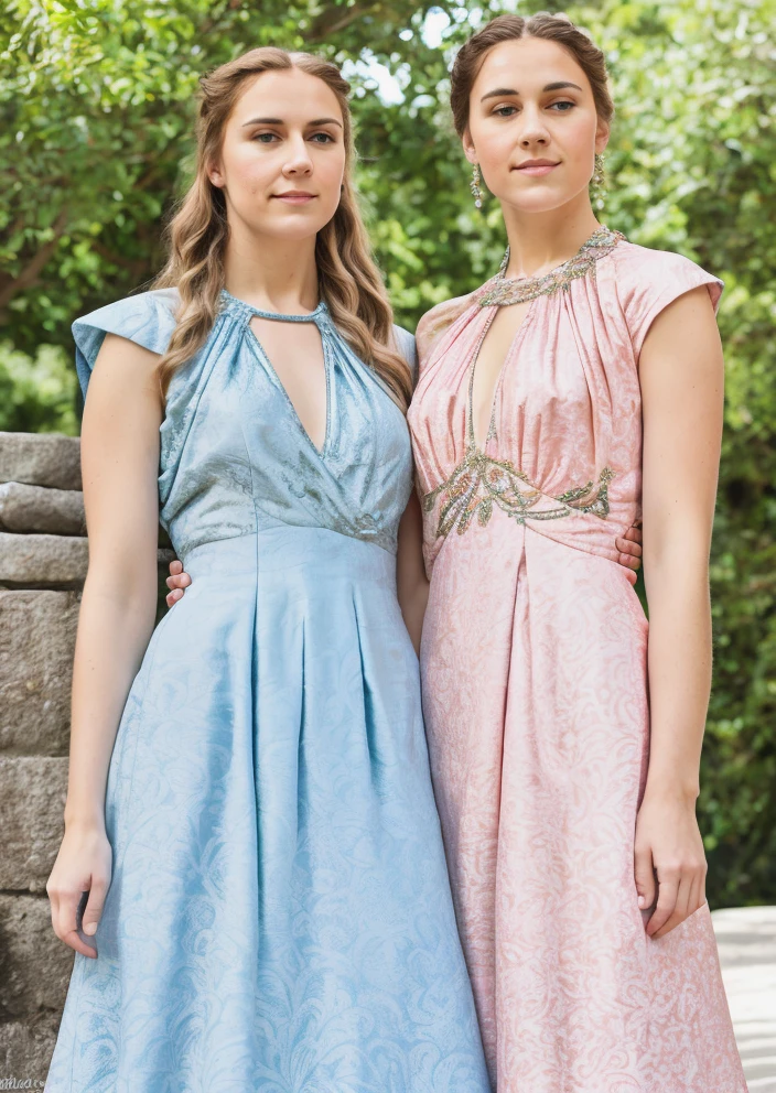 RAW photo, subject, 8k uhd, dslr, soft lighting, high quality, film grain, Fujifilm XT3, professional photo, (detailed skin:1.3), high quality, beautiful women, portrait, <lora:Game_of_Thrones_-_Fashion:0.75> , game of thrones fashion, game of thrones dress, pink dress, full body, halterneck dress, outside, patterned fabric, blue eyes,