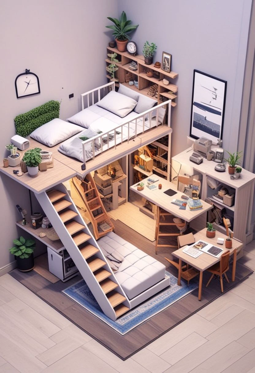 iszsks, bed, stairs, bookshelf, book, no humans, plant, lamp, window, potted plant, pillow, ladder, table, shelf, clock, chair, scenery, indoors, box, trash can, rug, cup, door, bedroom, sink, computer, desk, stuffed toy, cabinet, artist name, kitchen, no humans, isometric view, cutaway, diorama, isometric cutaway, masterpiece, best quality