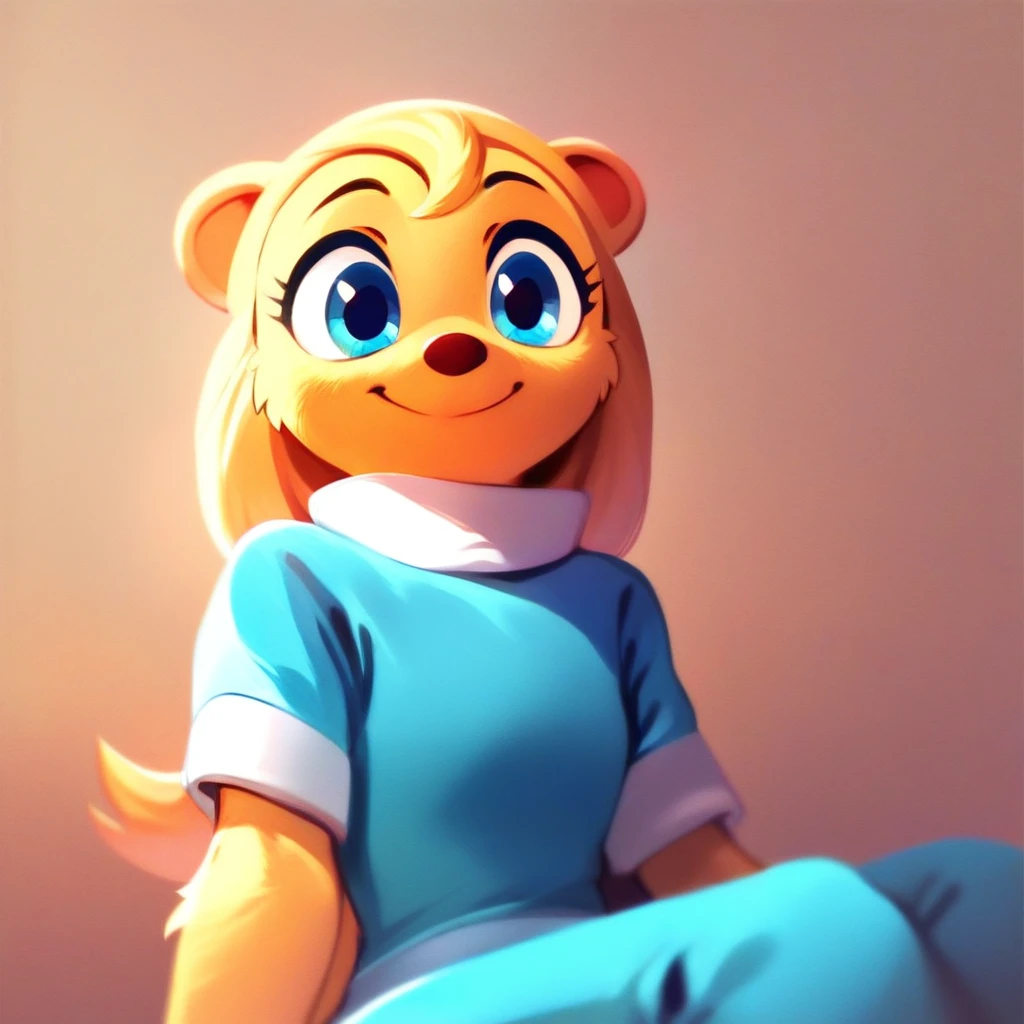 score_9, score_8_up, score_7_up, score_6_up, score_5_up, score_4_up, solo, female, furry, jane darc, solo focus, cute, smile, happy, tilted head, sitting, low-angle view, foreshortening, safe, rating_safe, blue clothes, blue eyes, yellow fur,