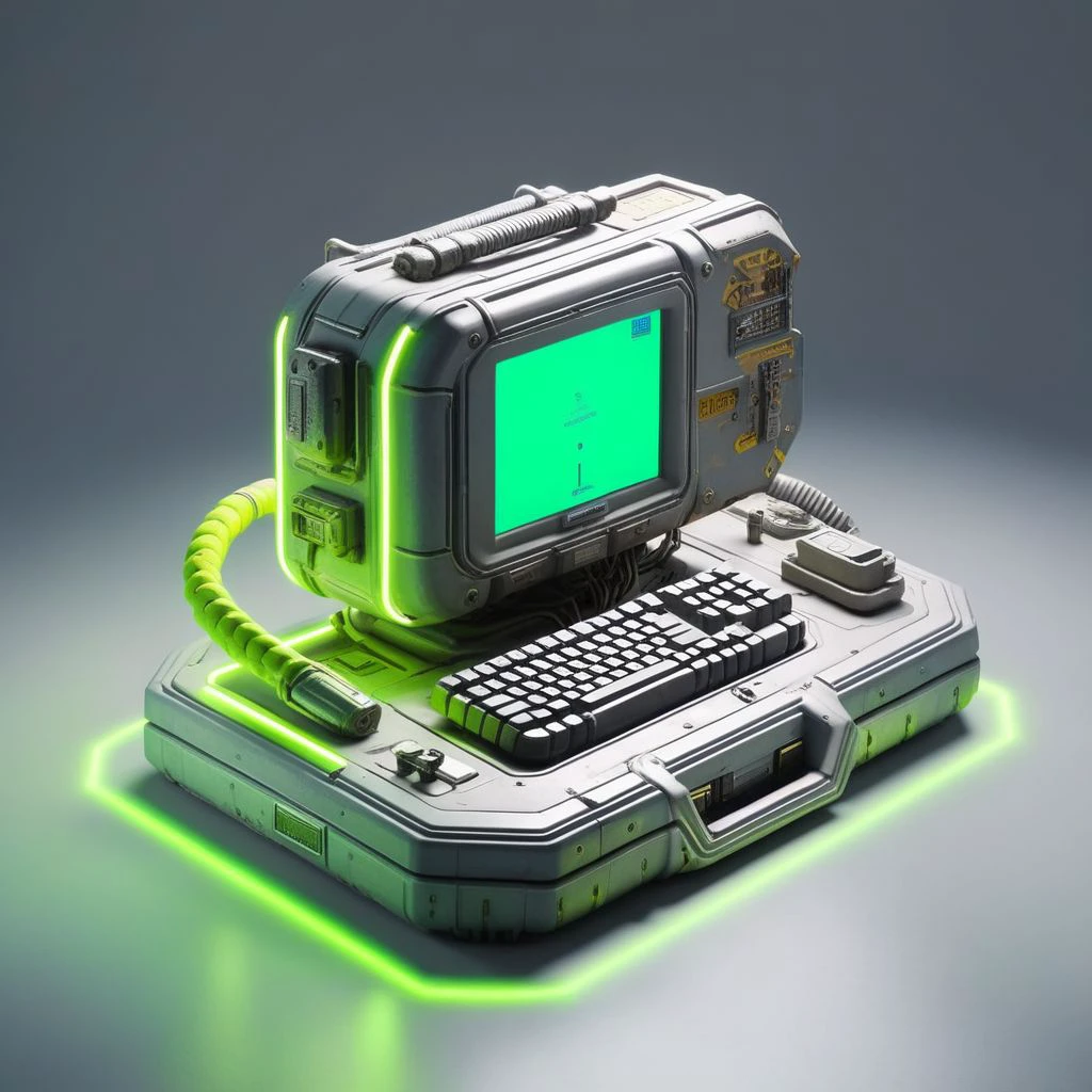 isztoksk, pip boy cyberpunk arm computer, no humans, cable, simple background, shadow, still life, solo, grey background,  white background, 3d, miniature, isometric, from above, cinematic lighting, neon lighting, game design, octane render, masterpiece, best quality